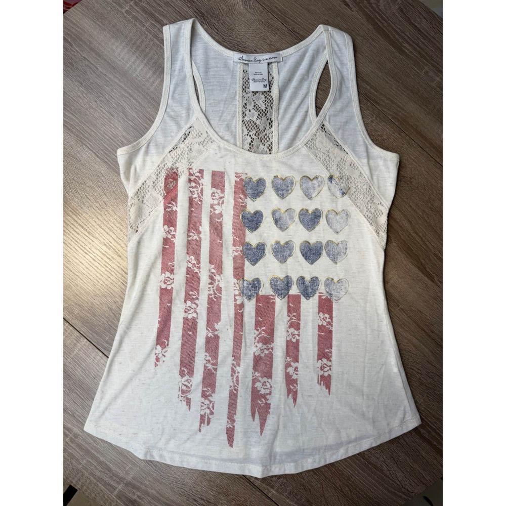 American Rag Womens American Flag Heart Lace Racerback Tank Top White Red Blue M